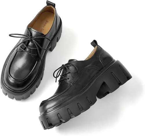 Vista 6 de Beau Today - Zapatos Oxford gruesos para mujer con cordones de cuero perforado