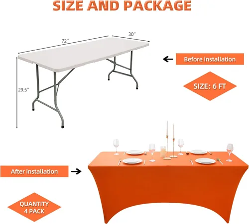 Vista 7 de Paquete de 4 manteles de elastano naranja sin arrugas para mesas plegables rectangulares de 6 pies, manteles elásticos ajustables de 6 pies