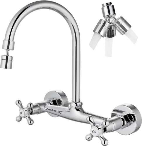 Vista 17 de Airuida Grifo de cocina de montaje en pared con rociador, grifo de fregadero de cocina montado en la pared, manijas dobles cruzadas, boquilla