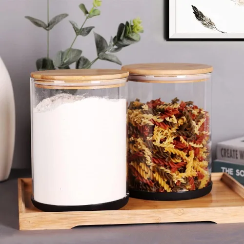 Vista 8 de 2 recipientes grandes de cocina de vidrio con cuchara y tapas herméticas de bambú, recipiente de almacenamiento de vidrio de 100 onzas para harina