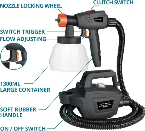 Vista 4 de Tilswall Pulverizador de pintura, pistola eléctrica de pintura en aerosol HVLP de 800 W, 40.6 fl oz/min, con manguera de aire de 2.5 M, recipiente