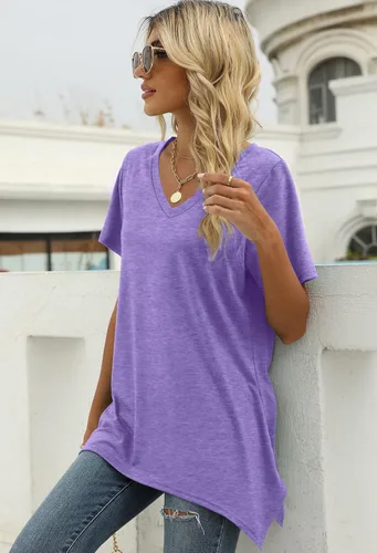 Vista 4 de Alaroo Camisetas básicas de verano para mujer, manga corta, cuello en V, túnica