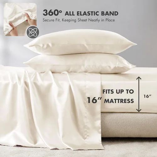Vista 5 de Madison Park Essentials - Juego de sábanas de satén de lujo y sedoso con brillo natural, bolsillo elástico de 14 pulgadas para colchones de hasta 16