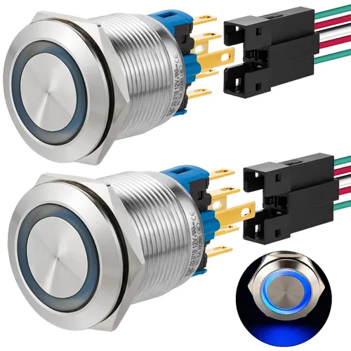Vista 8 de 2 interruptores de botón de cierre de 0.866 in, 7/8 pulgadas, 110 V-120 V, SPDT, interruptor de encendido y apagado, impermeable, IP67, acero Azul