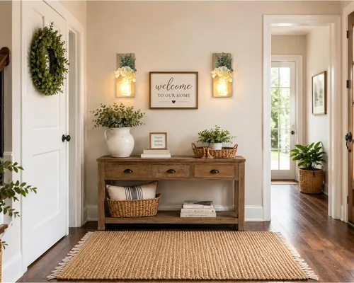 Vista 46 de Decoración rústica de madera para colgar en la pared con tira de luces LED para sala de estar y dormitorio modernos, estilo campestre inspirador
