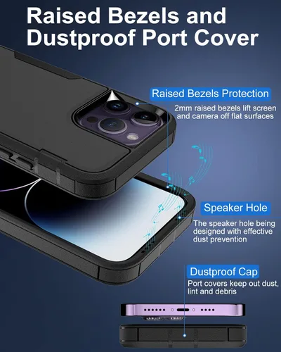 Vista 4 de Funda para iPhone 14 Pro Max, con protector de pantalla de vidrio templado, carcasa resistente a prueba de golpes con cubierta de puerto de carga