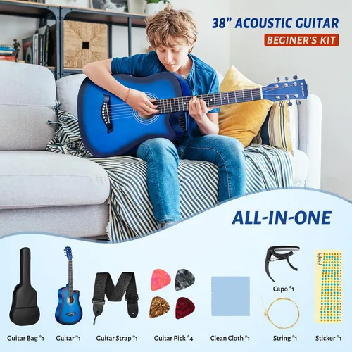 Vista 2 de CAHAYA Guitarra acústica: Juego de iniciación de 96.5 cm con corte para principiantes, de madera, para niños, adolescentes y adultos, con bolsa