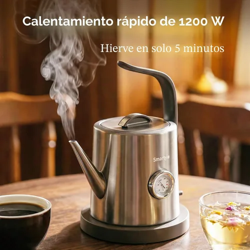 Vista 5 de Smartyle® Tetera eléctrica con termómetro, hervidor eléctrico de cuello de cisne de 1.0L, acero inoxidable 304, apagado automático, cafetera de 1200