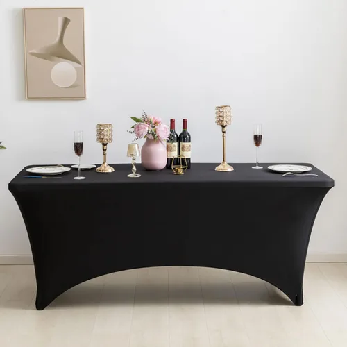 Vista 4 de Paquete de 2 manteles elásticos de elastano negro de 6 pies para mesas rectangulares, eventos, bodas, banquetes y fiestas