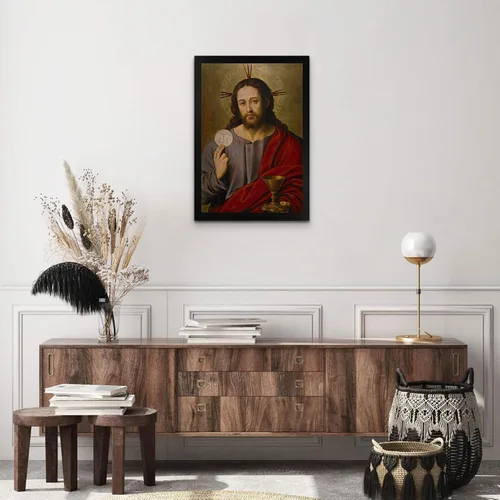 Vista 3 de Cabaña perdida Cristo el Salvador con la Eucaristía por Vicente Juan Masip Lienzo Negro Marco plano Reproducción de pintura de obra fina