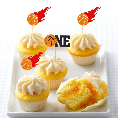 Vista 7 de Arthsdite 24 decoraciones de baloncesto para cupcakes con temática de baloncesto para el primer cumpleaños, decoración para tartas de temática
