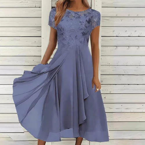 Vista 2 de Vestido de verano para mujer, elegante, acampanado, de gasa, largo por debajo de la rodilla, vestido de dama de honor, media manga, ajustado