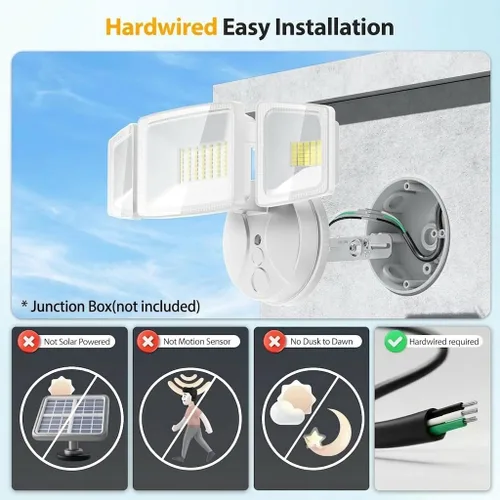 Vista 2 de Onforu Luces de inundación de 75 W para exteriores, luces de seguridad de 7000 lm de brillo, controladas por interruptor, con 3 cabezales