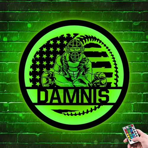 Vista 3 de Arte de Pared de Metal Personalizado de Béisbol con Bandera de EE.UU. con Luz LED, Letrero Personalizado con Nombre de Jugador de Sóftbol Americano