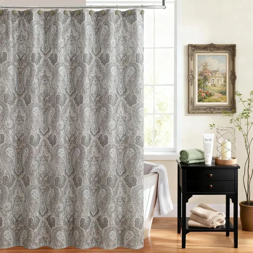 Vista 8 de Cortina de ducha de tela negra y beige, cortina de ducha con estampado de medallón vintage, cortina de baño decorativa impermeable, 72 pulgadas
