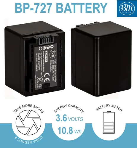 Vista 2 de BM Premium 2 baterías BP-727 para Canon Vixia HFR80, HFR82, HFR800, HFR70, HFR72, HFR700, HFR30, HFR32, HFR300, HFR40, HFR42, HFR400, HFR50, HFR52