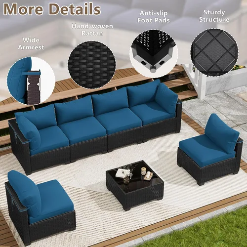 Vista 5 de Juego de 7 muebles de patio al aire libre, sofá seccional al aire libre, muebles de mimbre para patio, juego de conversación de patio con mesa