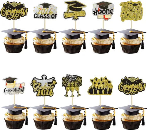 Vista 15 de Gyufise 24 piezas Adornos para pastel de graduación 2026 con purpurina negra, clase de 2026, adornos para magdalenas con gorra de graduación