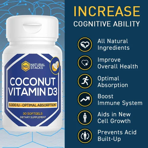 Vista 3 de NATURAL STACKS Suplemento de vitamina D de 5000 UI, con aceite de coco para una absorción óptima, píldoras de vitamina D para inmunidad