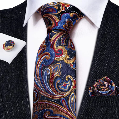 Vista 180 de Barry.Wang - Juego de corbata de seda para hombre, diseño de cachemira, pañuelo y gemelos de bolsillo