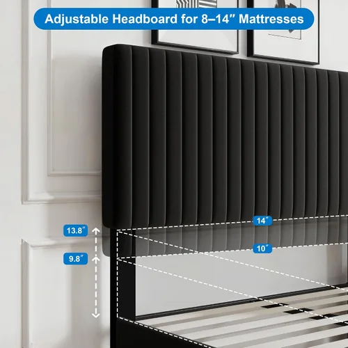 Vista 7 de GOLDORO Base de cama tapizada de terciopelo de tamaño matrimonial con cabecera capitoné de canal vertical, soporte de listones de madera,