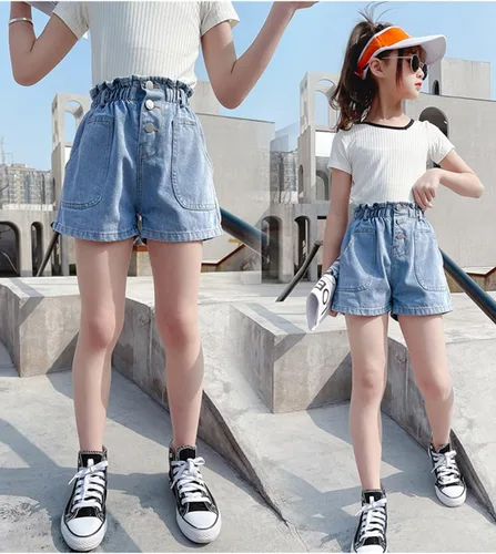 Vista 7 de Rolanko Pantalones cortos de mezclilla para niñas, cintura elástica, pantalones cortos de mezclilla de verano para niños de 4 a 14 años