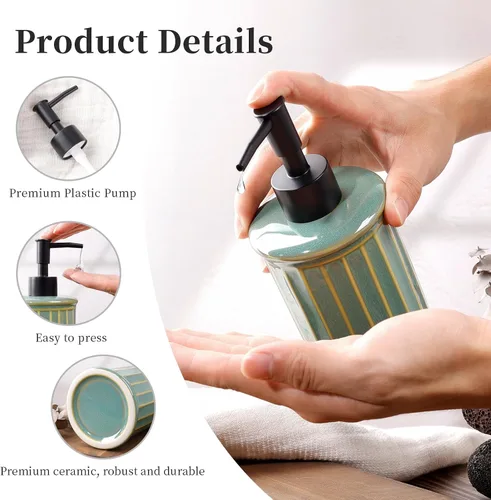 Vista 3 de Dispensador de jabón, dispensador de jabón líquido de cerámica 11.84OZ, dispensador de loción de manos para cocina, baño, ducha, recargable, verde
