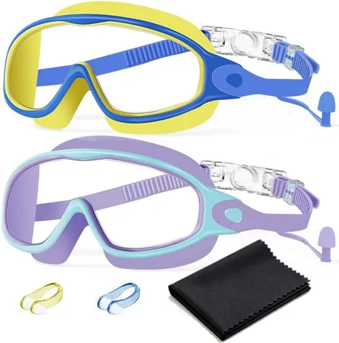 Vista 10 de Paquete de 2 gafas de natación antivaho, anti-UV, visión amplia, sin fugas, para niños de 3 a 15 años con tapones para los oídos