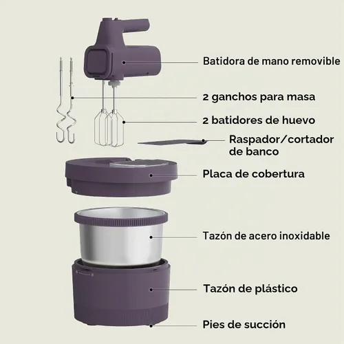 Vista 2 de bella - Batidora de mano y soporte de 3.5 cuartos de galón, batidora eléctrica 2 en 1 con tazón, color ciruela