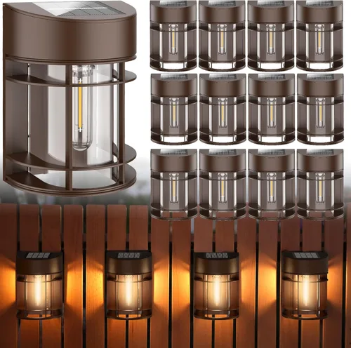 Vista 9 de Luces solares para cercas al aire libre, paquete de 8 luces de cubierta alimentadas por energía solar con bombillas LED Edison, luces solares Negro