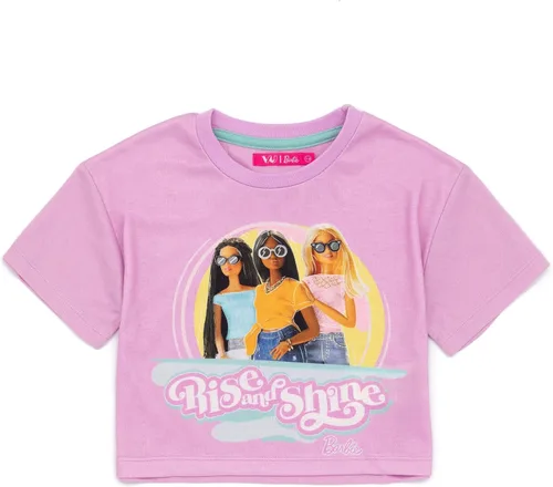 Vista 4 de Barbie Pijama corto para niñas, diseño de muñeca rosa con estampado de levantamiento y brillo, pantalones cortos elásticos para dormir