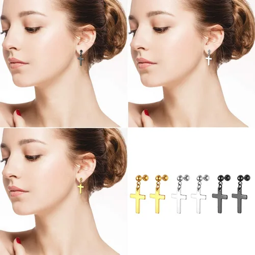 Vista 3 de OIDEA Aretes de cruz de acero inoxidable para hombre, juego de aretes de aro colgantes con bisagras, regalo de joyería para hombres y mujeres