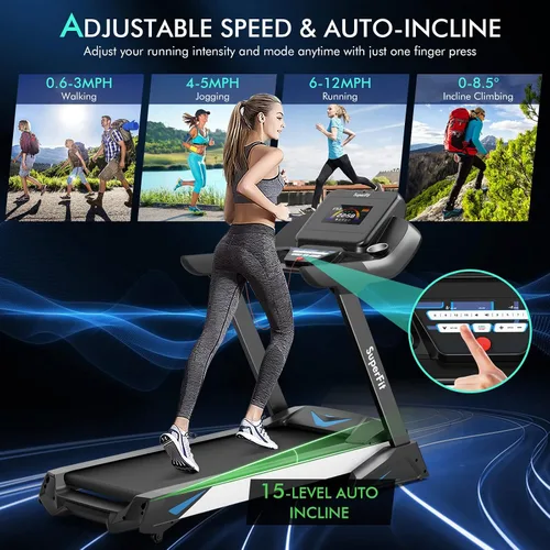 Vista 2 de GYMAX Caminadora plegable, caminadora inclinada automática de 4.75 HP con monitor LED, altavoz de dientes azules, control de aplicaciones, 20