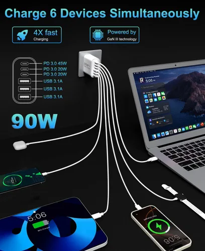 Vista 2 de Bloque de cargador USB C GaN de 90 W, cargador de pared USB C de 6 puertos de carga rápida, adaptador de corriente PD de 45 W para iPhone 17Pro Beige
