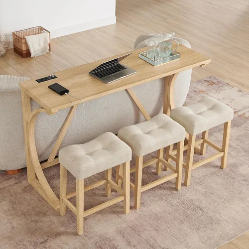 Vista 10 de Juego de mesa de barra de 59" de altura de mostrador con toma de corriente, mesa de desayuno industrial con 3 taburetes acolchados, juego de mesa