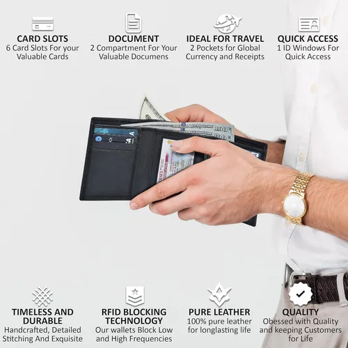 Vista 4 de Billeteras delgadas RFID para hombre - Cartera triple de cuero genuino con bolsillo frontal, Negro -, Cartera RFID