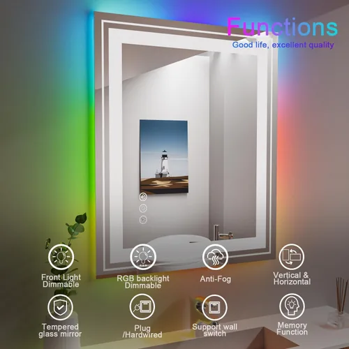 Vista 7 de Snowdool - Espejo LED para baño de 20"X28", con 8 luces RGB retroiluminadas + 3 luces frontales (ajustables individualmente), antiempañamiento, 3