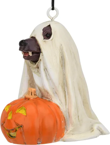 Vista 4 de Tree Buddees Lindo perro vestido como fantasma con calabaza adorno de Halloween