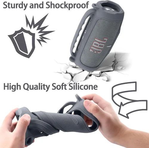 Vista 15 de Funda de silicona compatible con JBL Charge 5 Altavoz Bluetooth portátil impermeable (Cubierta de silicona negra)