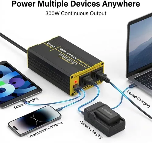 Vista 6 de Inversor de corriente para automóvil de 300 W, adaptador de enchufe de automóvil de 12 V CC a 110 V CA, 30 W USB-C y 18 W USB-A de carga rápida