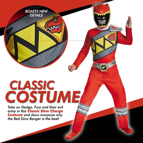 Vista 3 de Power Rangers Dino Charge - Disfraz infantil clásico rojo