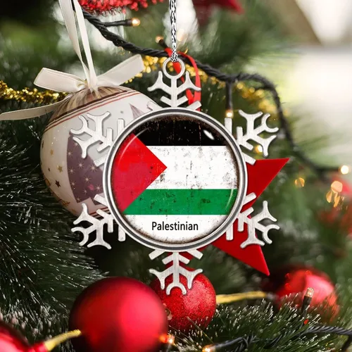 Vista 3 de Adornos de Navidad con bandera palestina 2023, adorno de copo de nieve para decoración de árbol de Navidad, decoración de árbol de Navidad