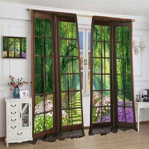 Vista 113 de Cortinas de paisaje, ventana 3D, primavera, bosque, vida silvestre, paisajes de naturaleza, dormitorio, sala de estar, cortinas térmicas opacas de 2