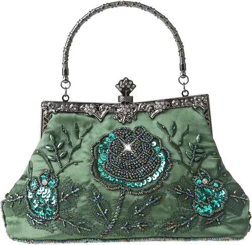 Vista 13 de Bolso de mano de estilo vintage con cuentas florales y strass para mujer, con bordado de lentejuelas, bandolera para novia, boda, fiesta