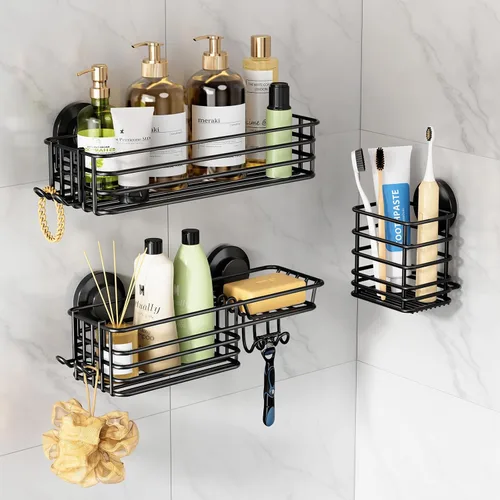 Vista 13 de LEVERLOC Cesta de ducha con ventosa, cesta de ducha con ganchos y jabonera para baño, organizador de ducha para baño sin necesidad de taladrar
