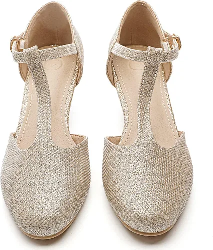 Vista 4 de kkdom Zapatos de tacón bajo con correa en T y puntera cerrada para mujer
