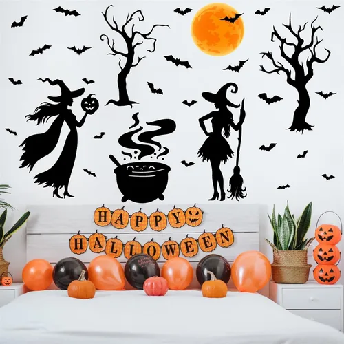 Vista 9 de Calcomanías de Halloween para ventana, calcomanías de brujas negras, calcomanías de pared de Halloween, murciélagos de árbol negro, murales de arte