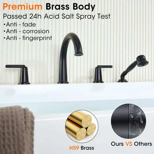Vista 9 de WT-9808BK WT-9808BK - Kit de ajuste para grifo de bañera con ducha de mano y válvula de montaje en cubierta de 4 agujeros de alto flujo clásico