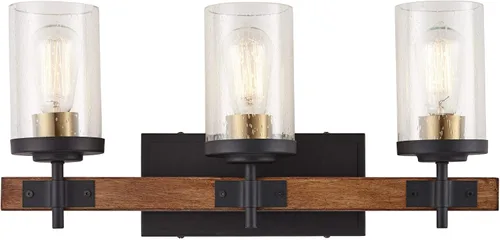 Vista 2 de Possini Euro Design Kata Farmhouse - Lámpara de pared rústica de madera sintética negra con cable de 22 pulgadas, 3 lámparas, cristal cilíndrico