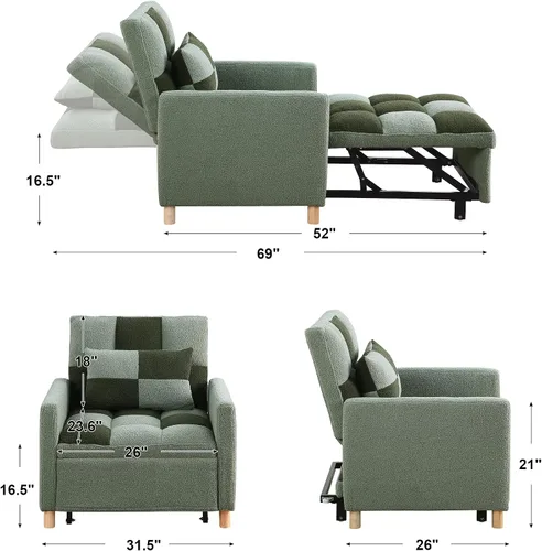Vista 3 de Silla Cama Retractable para Espacios Pequeños, Sofá Cama Individual de Tela de Oso de Peluche con Respaldo Ajustable